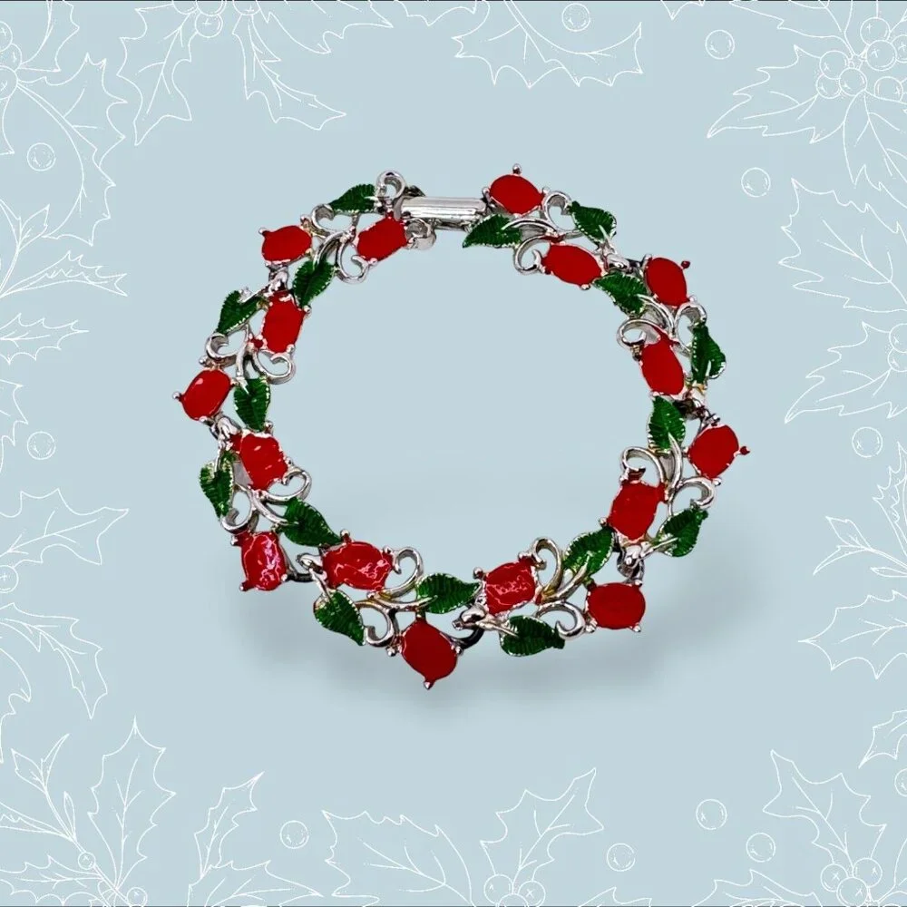 Christmas Holly Bracelet Red Green Silver Tone Metal Festive Winter Holidays - Picture 6 of 6